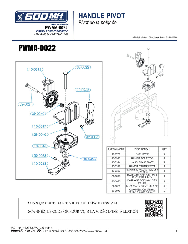 PWMA-0022 - Handle Pivot Kit Instructions